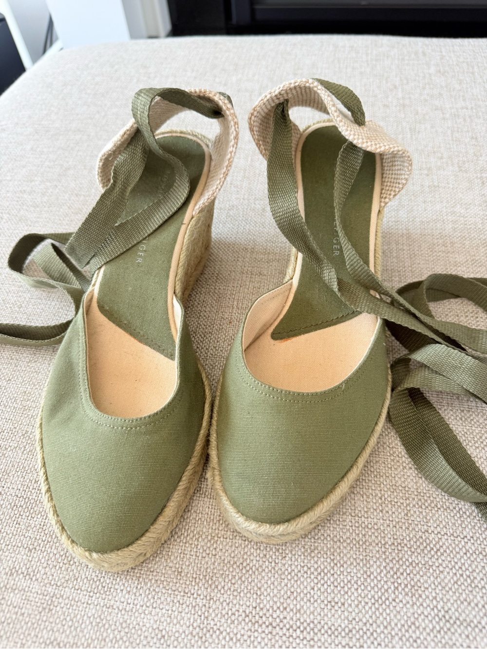 Tommy Hilfiger Olive Green and Cream Espadrille Wedge Sandals - Picture 2 of 6